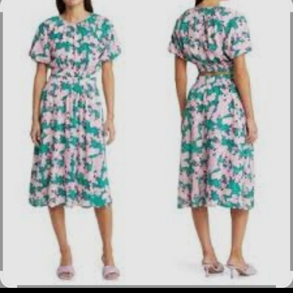 NWT Chelsea28 Pink Green Puff Sleeve Midi  Open Back Dress Sz M